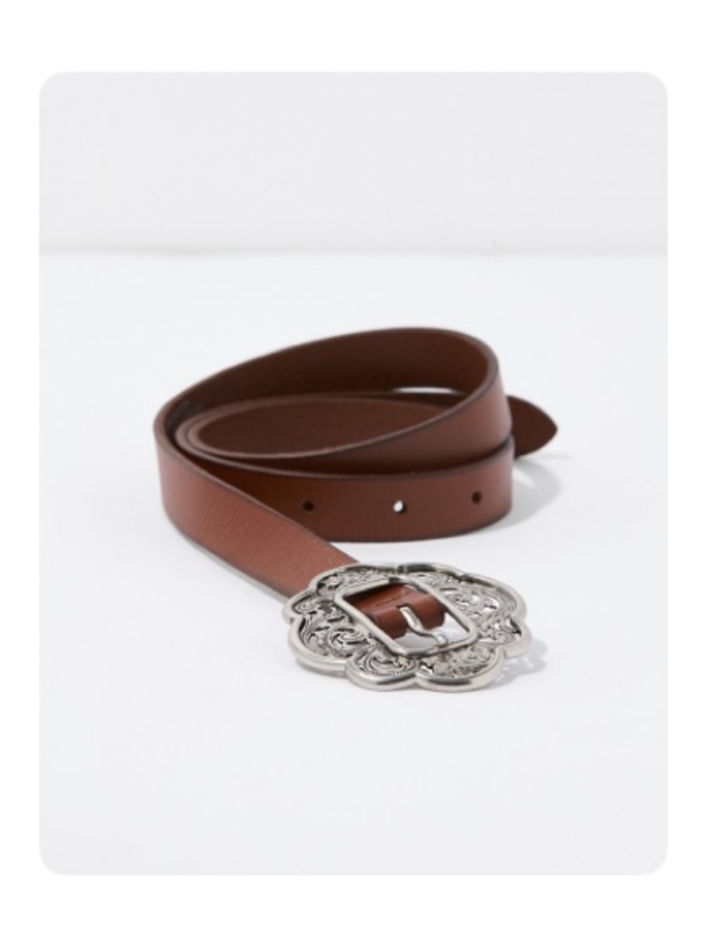 AE Western Floral Buckle Belt | Brown Leather Belt with Decorative Silver Buckle